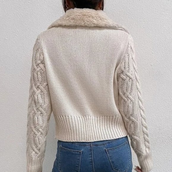 BEIGE TEDDY COLLAR BUTTON DOWN CABLE KNIT CARDIGAN - Picture 2 of 5